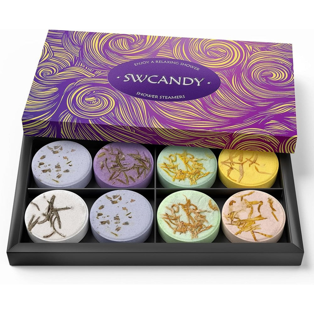 SWCANDY shower steamers aromatherapy gift box front view featuring eight essential oil tablets for home spa relaxation