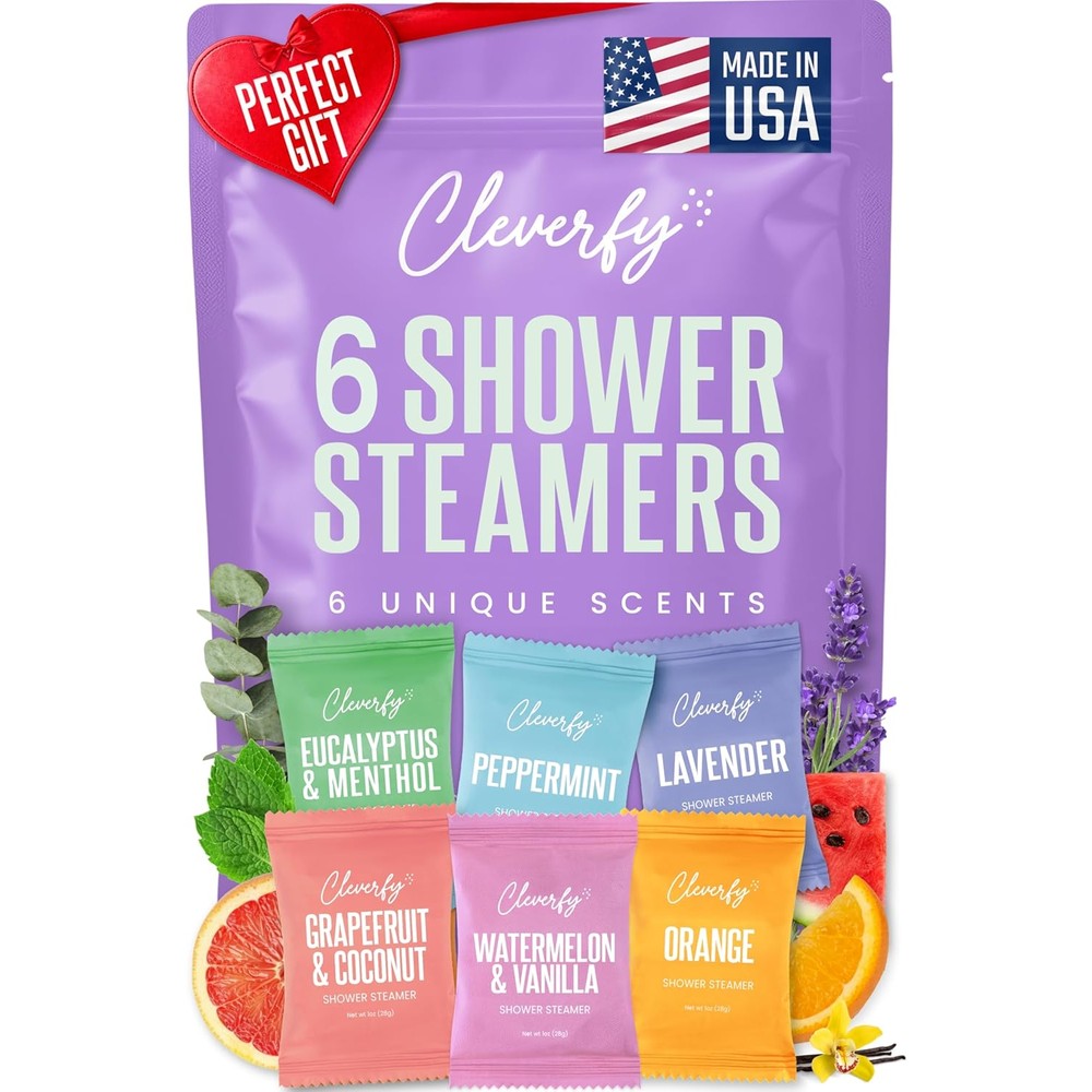 Cleverfy Shower Steamers Aromatherapy variety pack front view showing six purple mix tablets