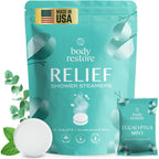 Body Restore Shower Steamers Aromatherapy 15 Pack front view package showing natural eucalyptus essential oil tablets.