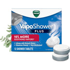 Vicks VapoShower Plus twelve count packaging front view showing soothing aromatherapy shower steamers