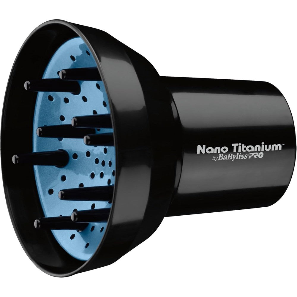 BaBylissPRO Nano Titanium Universal Finger Diffuser front view showcasing the black exterior and blue interior styling tool.