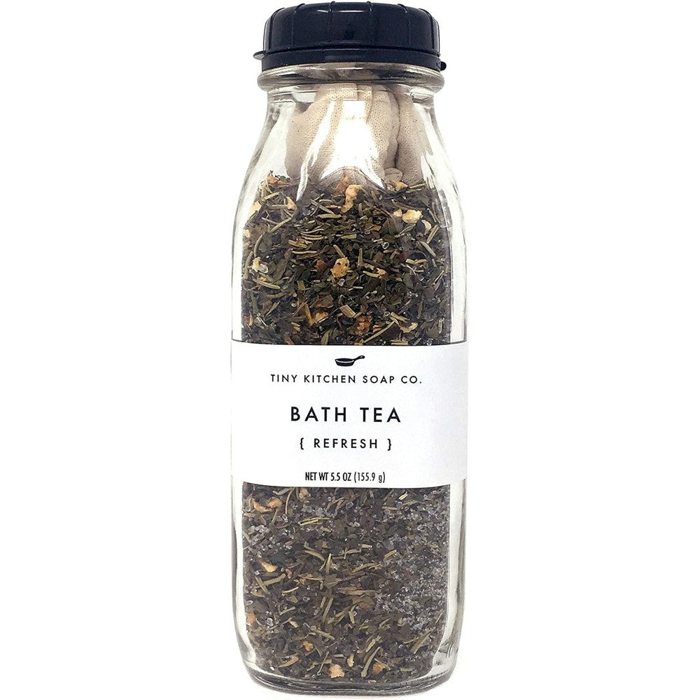Tiny Kitchen Soap Co. Refresh Herbal Bath Tea front view glass bottle