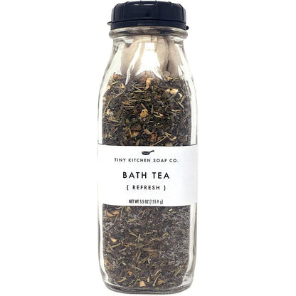 Tiny Kitchen Soap Co. Refresh herbal bath tea glass bottle and muslin bag front view