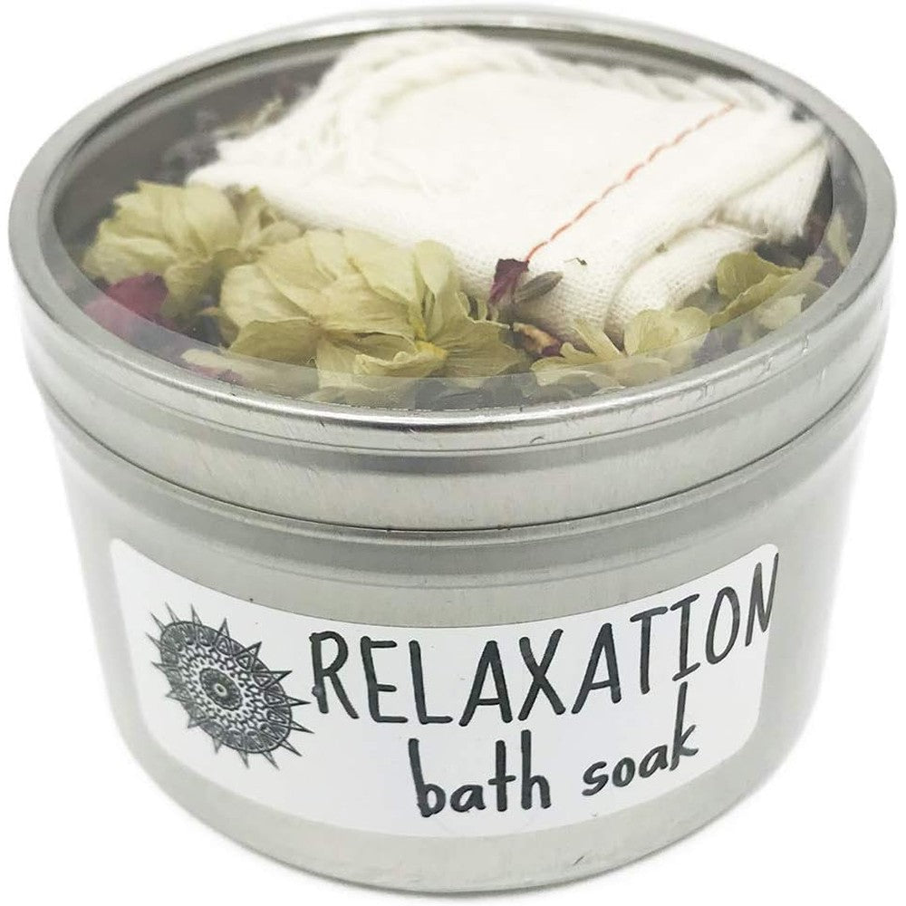 Rooted Earth relaxation herbal bath soak front view of 8 fluid ounce tin with muslin bag