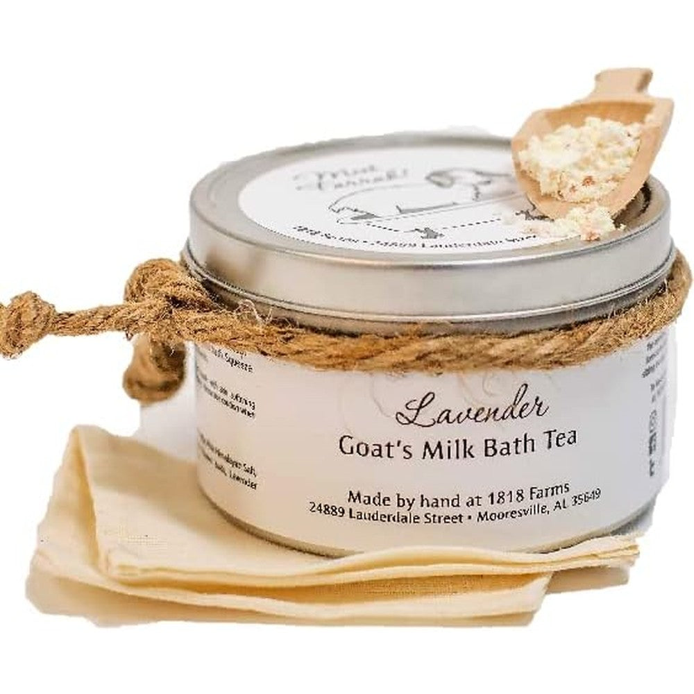 1818 Farms Lavender Goat's Milk Bath Tea front view of metal tin container with muslin bags