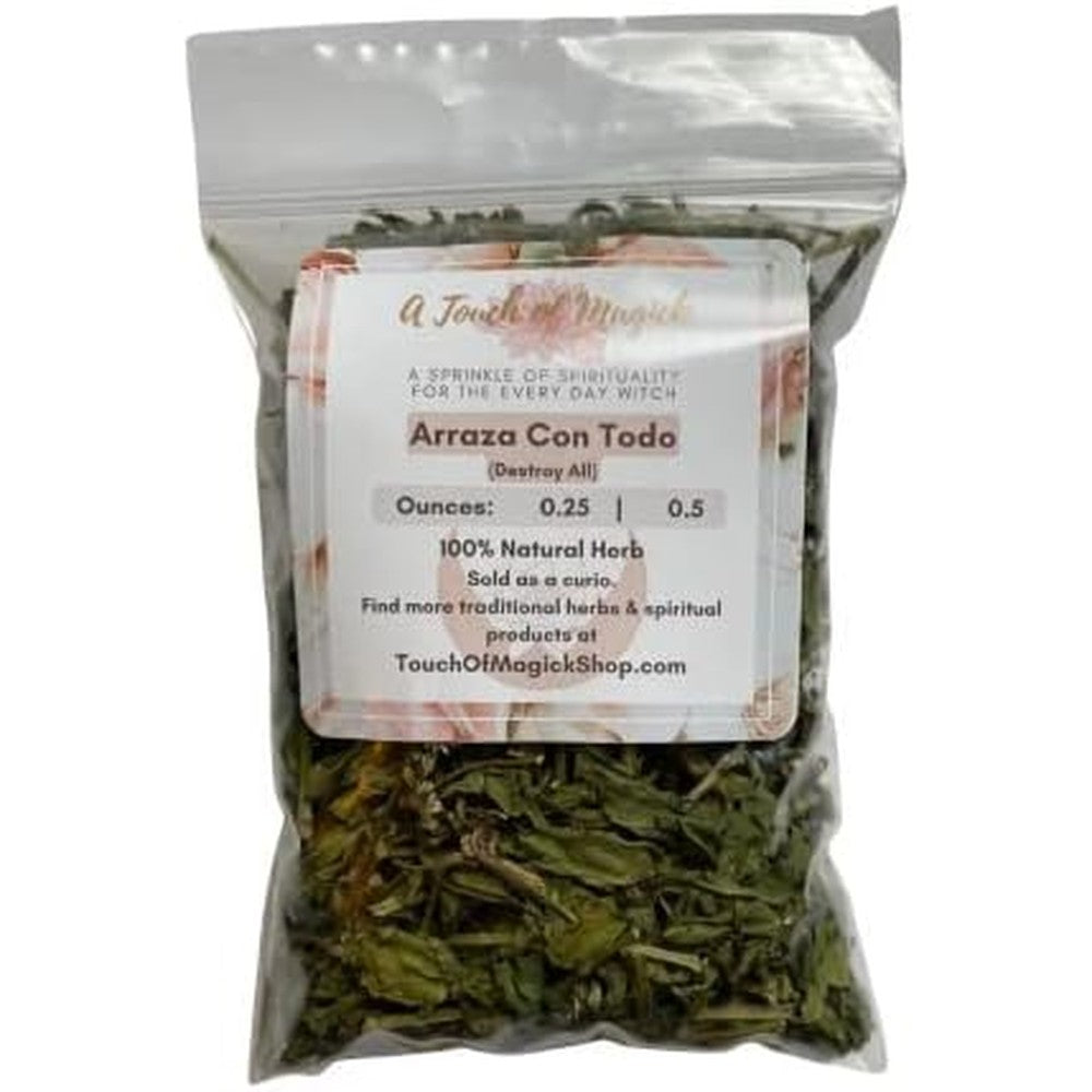 Handmade Arraza Con Todo herbal mix front view package for spiritual cleansing.