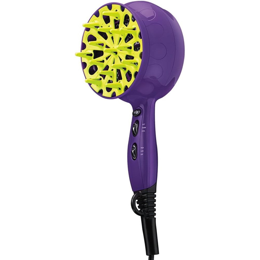 Bed Head Curls In Check 1875 Watt hair diffuser dryer front view showing the purple body and green attachment
