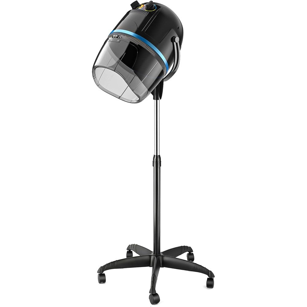 Nova Microdermabrasion professional hooded floor hair dryer front view showing adjustable black bonnet and stand