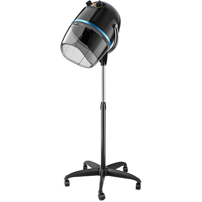 Nova Microdermabrasion professional hooded floor hair dryer front view showing adjustable black bonnet and stand