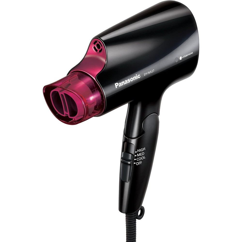 Panasonic nanoe compact hair dryer front view showing black and pink body
