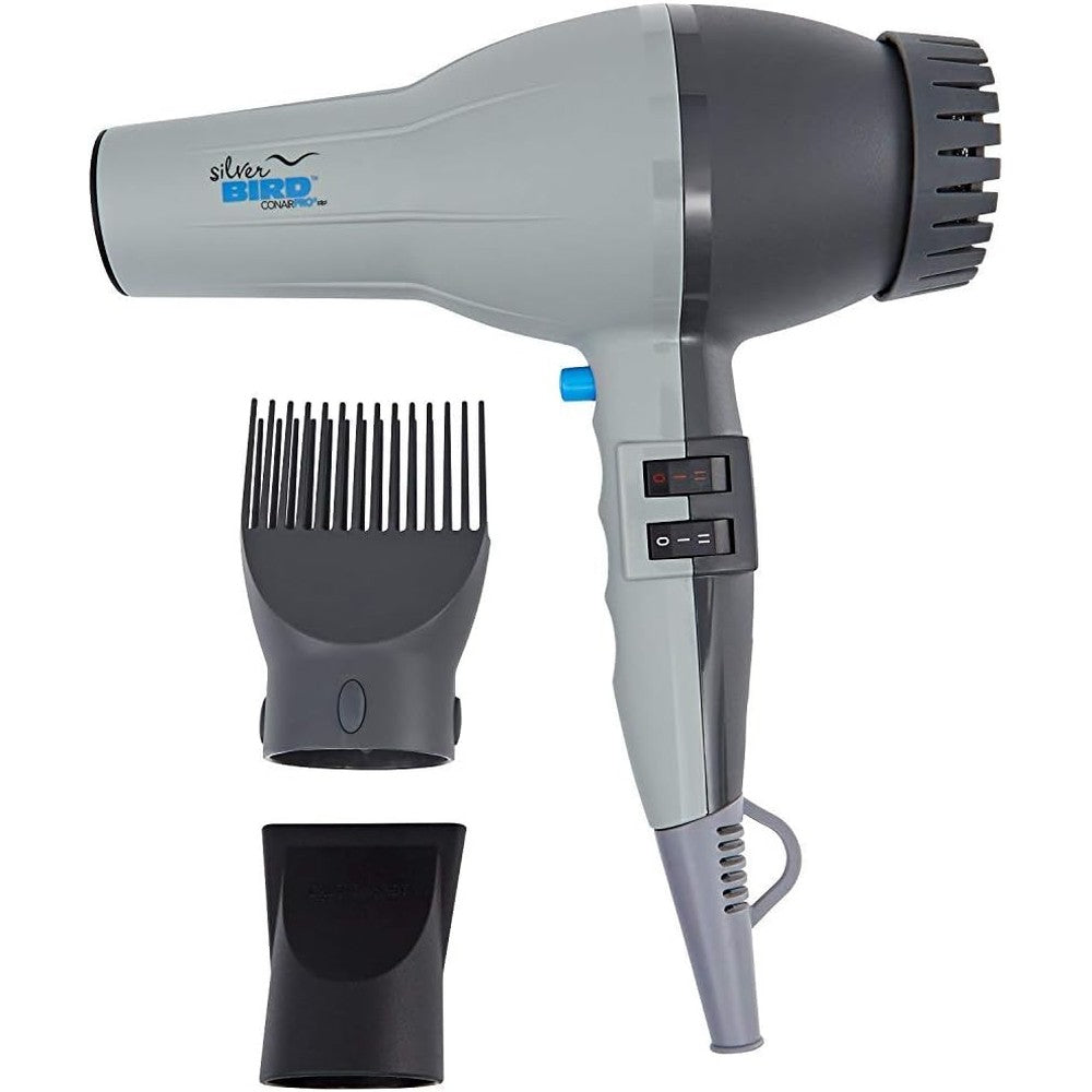 ConairPRO Silverbird Professional Hair Dryer front view in premium grey finish
