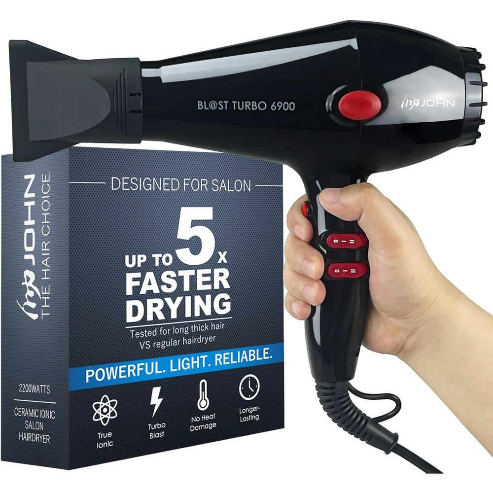 JOHN professional hair dryer front view in black showcasing the sleek handle and nozzle attachment.