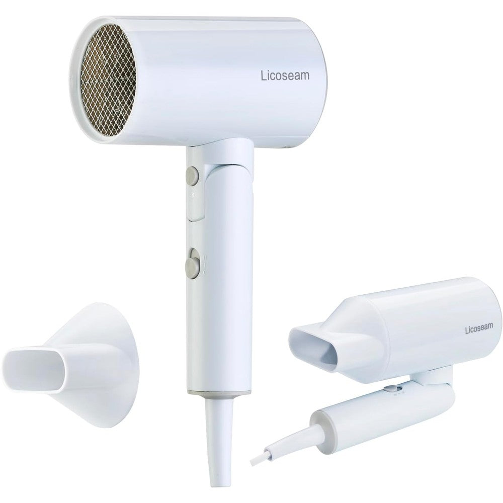 Licoseam foldable hair dryer white front view showing compact ergonomic styling handle.