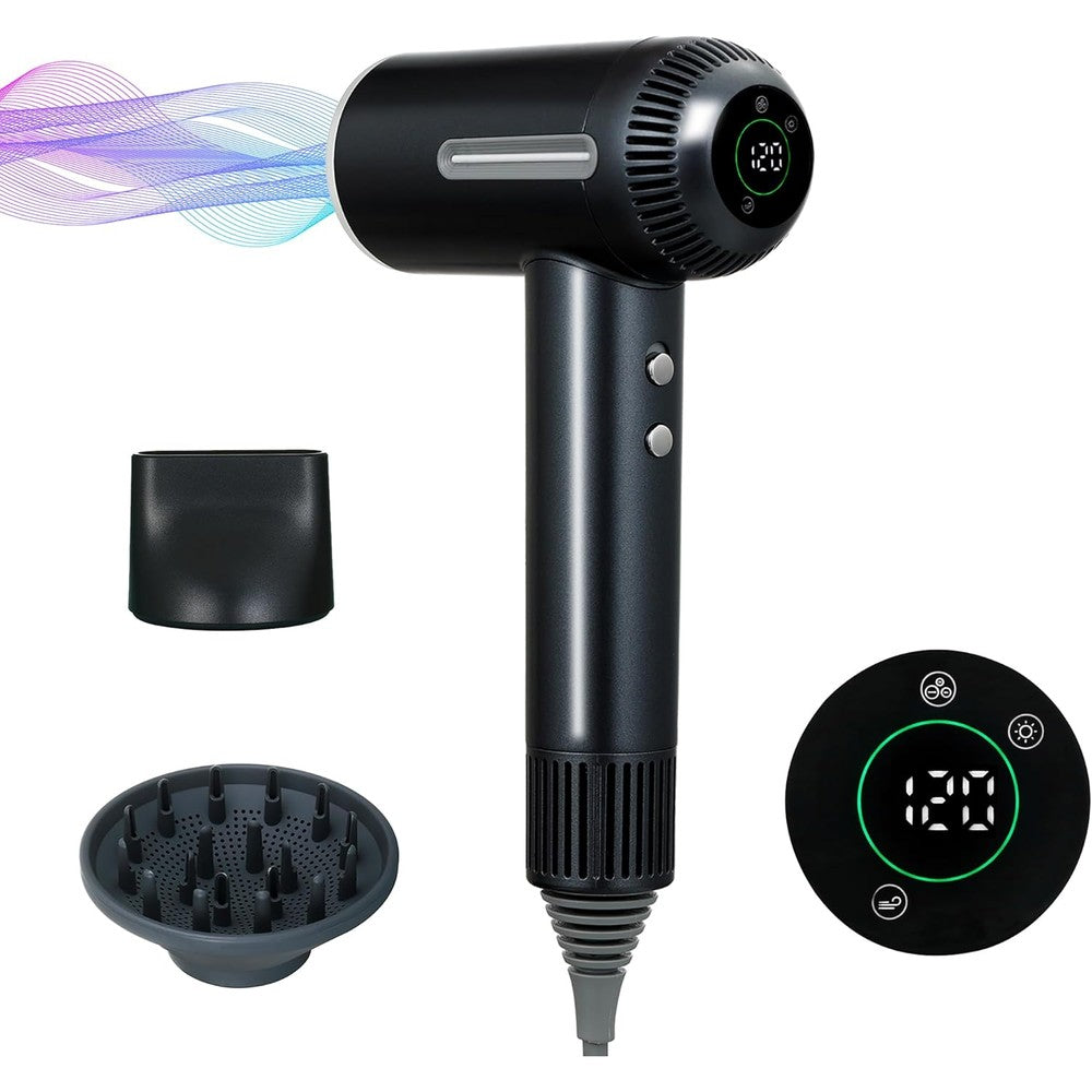 ONWAY high speed ionic hair dryer front view showing digital LCD display screen and sleek silver finish