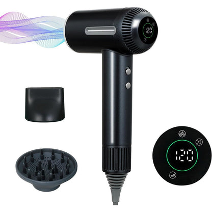 ONWAY high speed ionic hair dryer front view showing digital LCD display screen and sleek silver finish