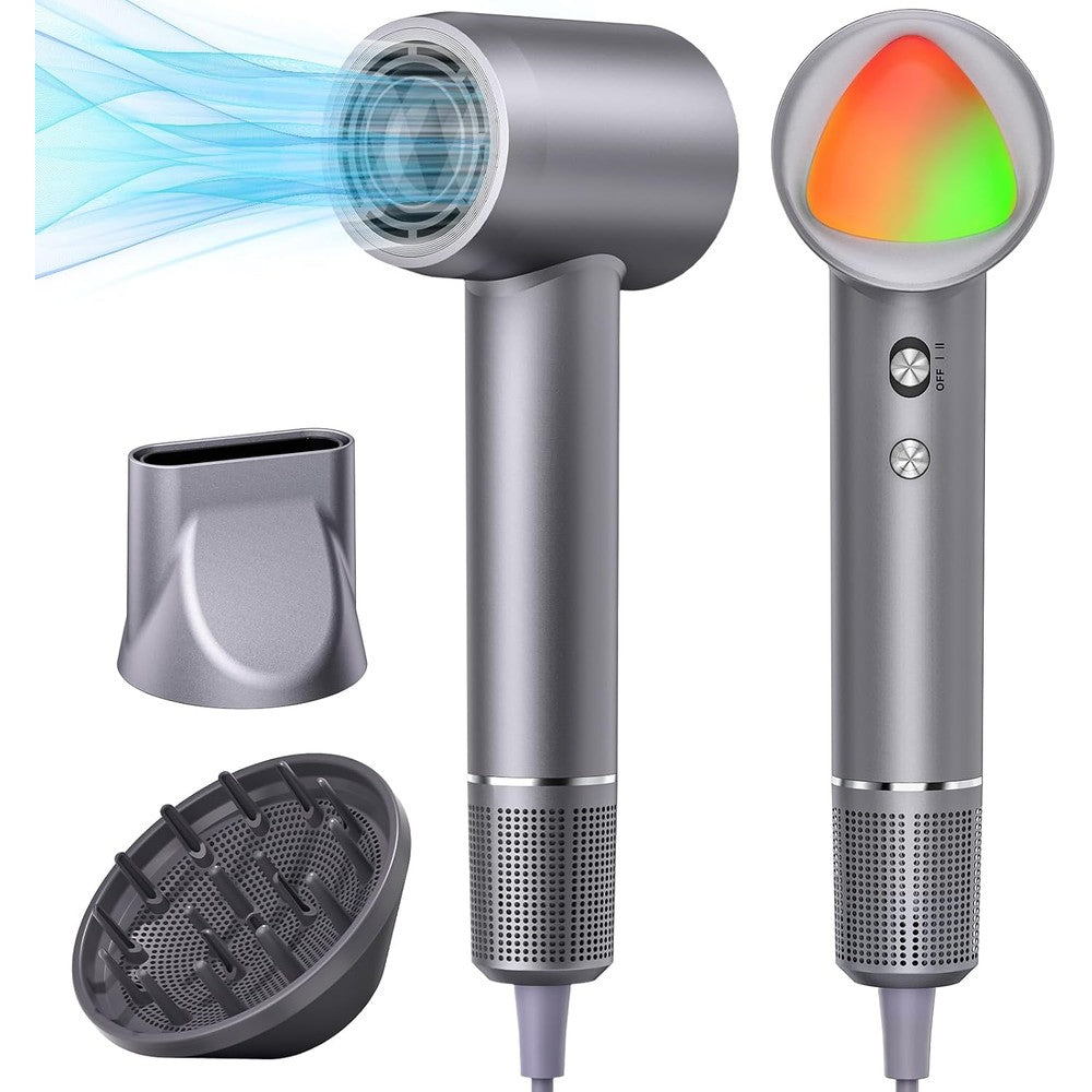 Ysatery Portable Professional Ionic Hair Dryer front view showcasing the sleek gray metallic body and compact styling nozzle.