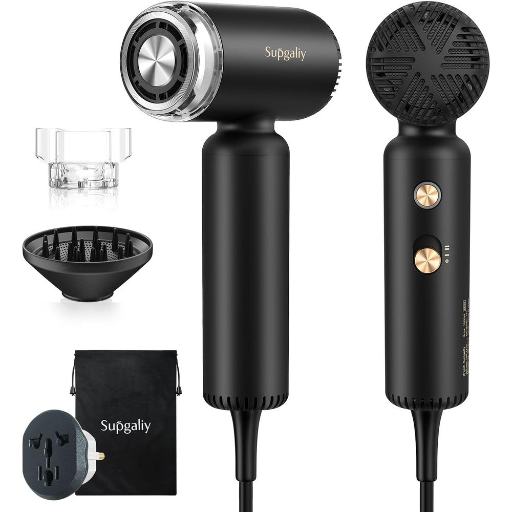 SUPGALIY dual voltage travel hair dryer front view showing the compact black body and sleek minimalist design.