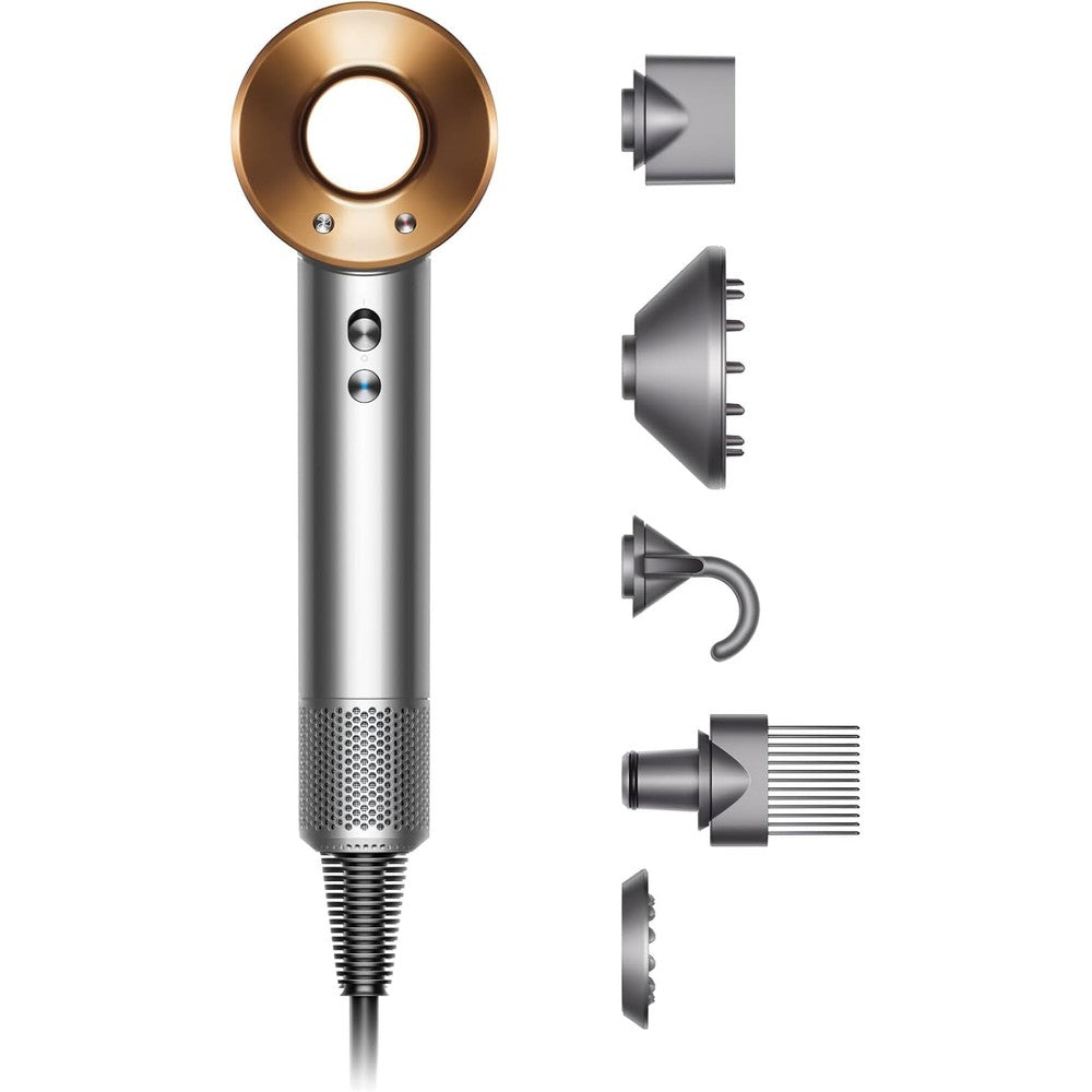 Dyson Supersonic Hair Dryer front view in premium Nickel Copper finish