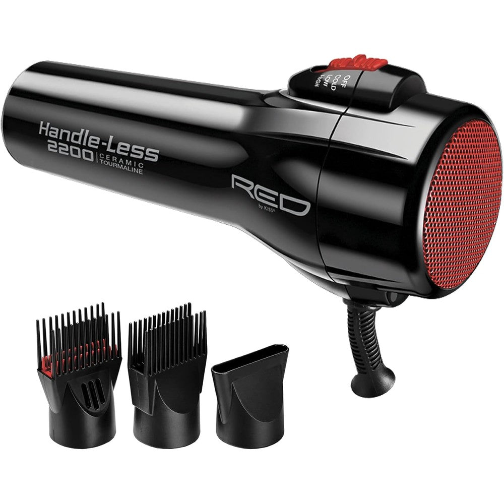 Red by Kiss handleless hair dryer front view showing the unique black barrel and control switches.