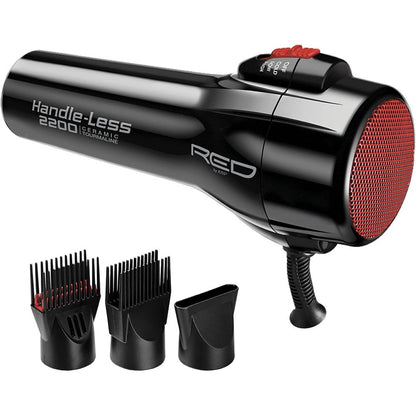 Red by Kiss handleless hair dryer front view showing the unique black barrel and control switches.