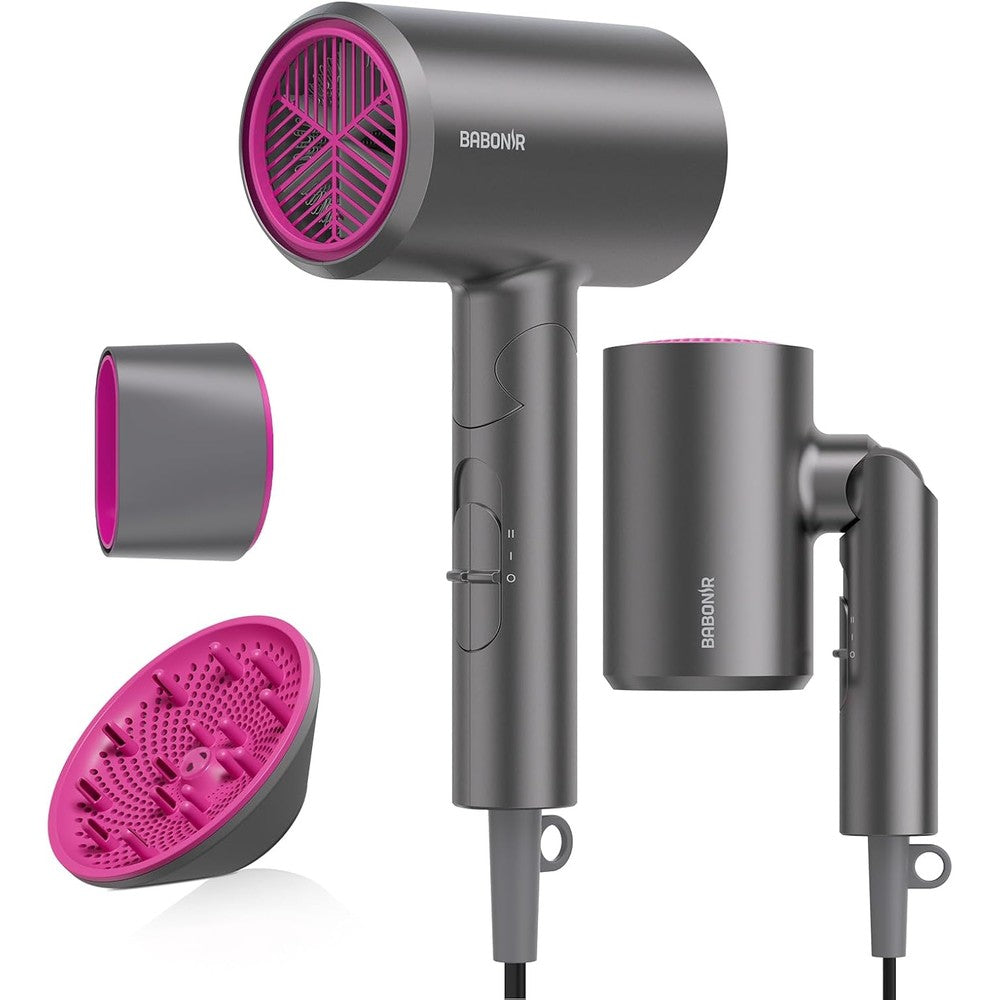 Babonir ionic hair dryer front view showing gray foldable handle design