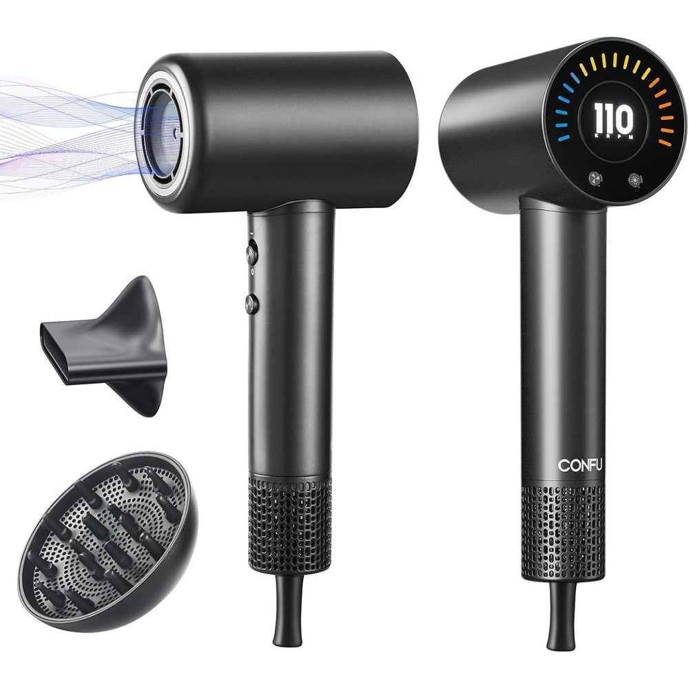 CONFU high speed ionic hair dryer front view showing sleek black body and digital display screen
