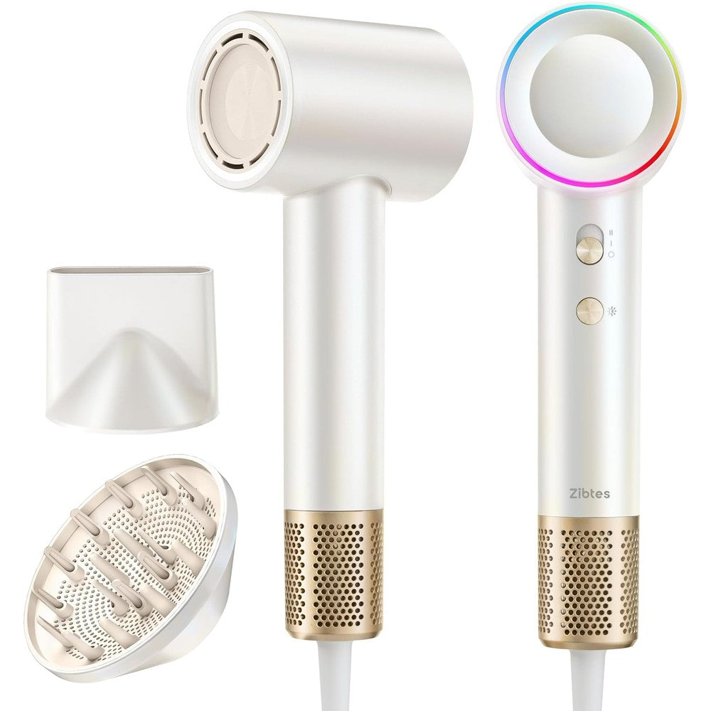 Zibtes high speed hair dryer front view white and gold design