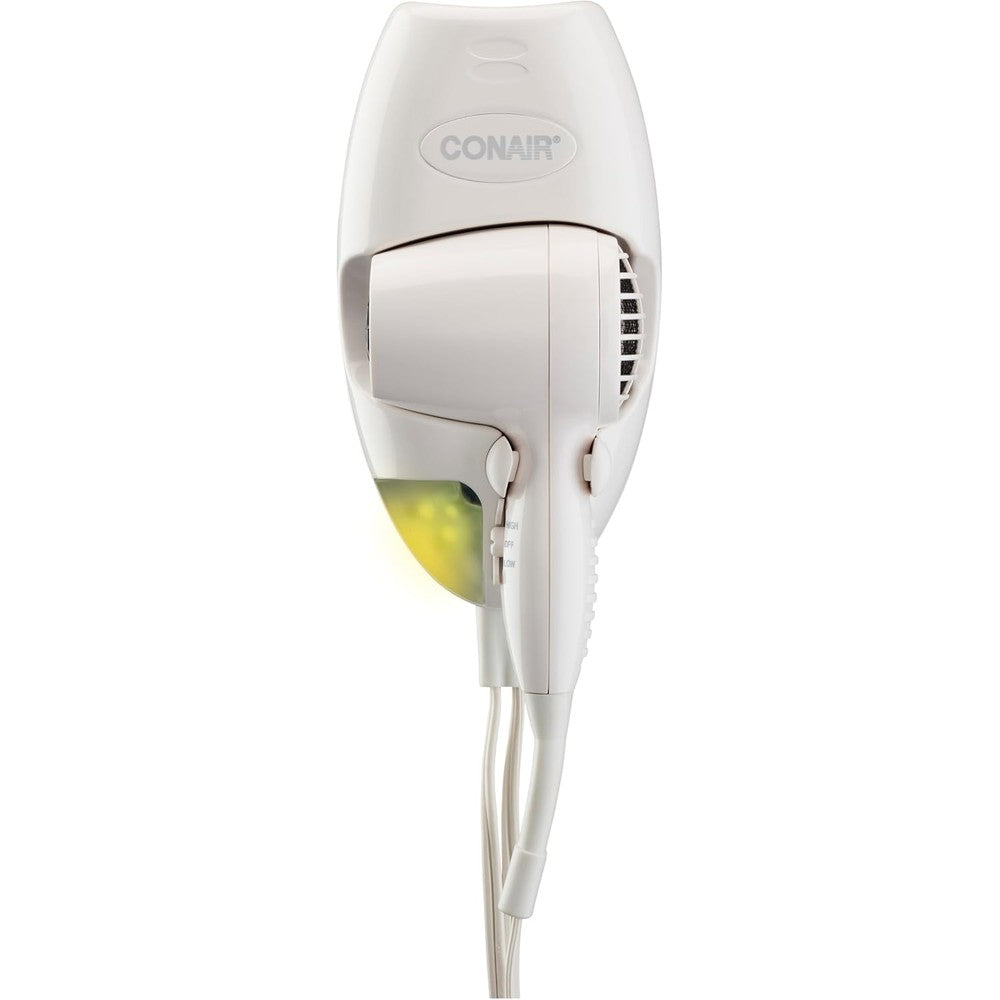 Conair Wall Mount Hair Dryer front view securely docked in its white base station with LED nightlight glowing