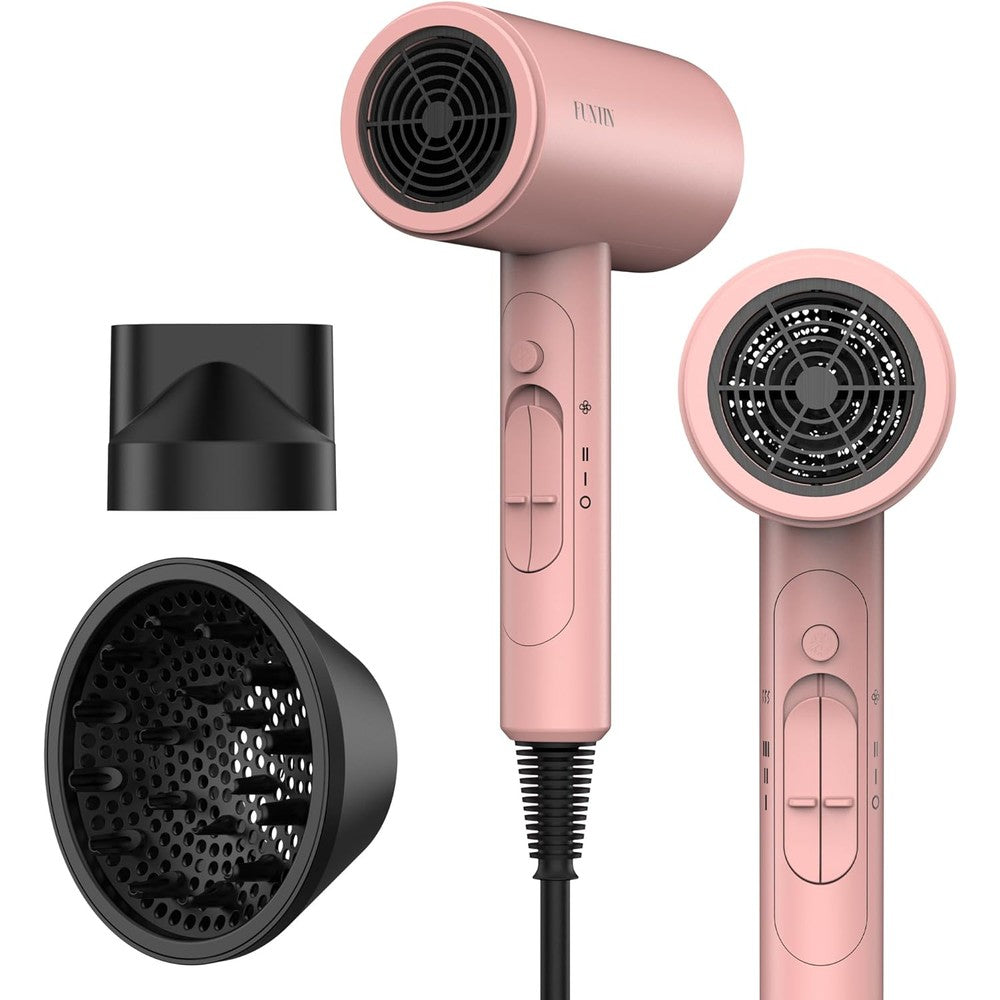 Funtin Salon Hair ionic hair dryer front view in baby pink color with attachments