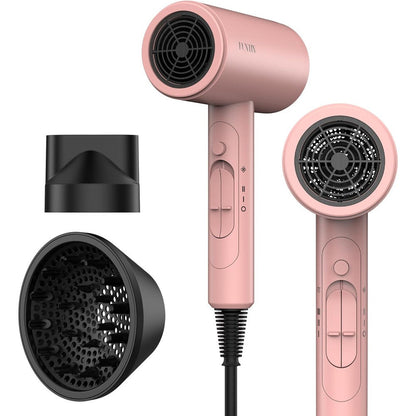 Funtin Salon Hair ionic hair dryer front view in baby pink color with attachments