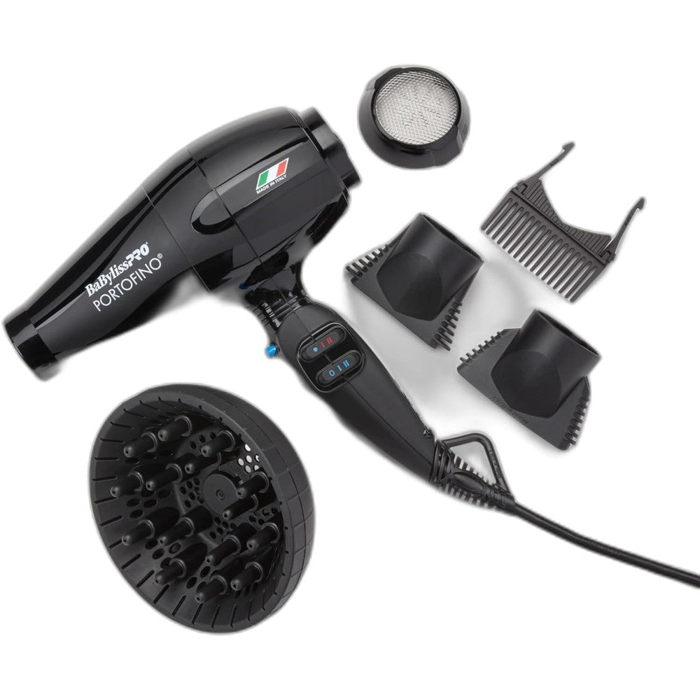 BaBylissPRO Nano Titanium Italian Portofino Hair Dryer front view showcasing the sleek black professional design.