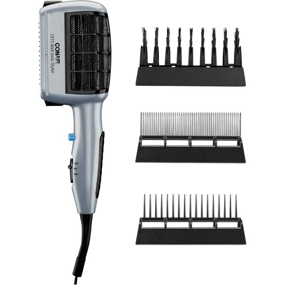 Conair 3-in-1 styling hair dryer front view showing the silver ionic blow dryer body