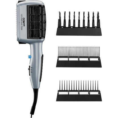 Conair 3-in-1 styling hair dryer front view showing the silver ionic blow dryer body