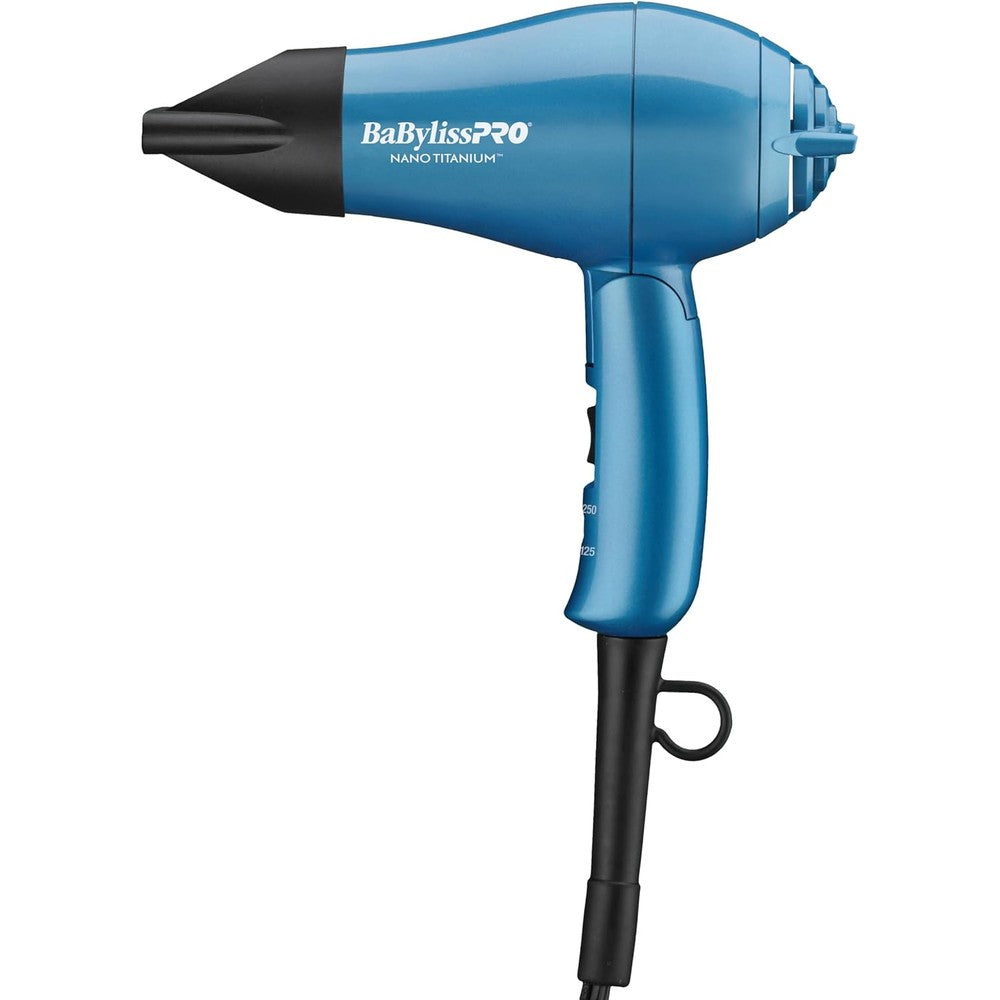 BaBylissPRO Nano Titanium Travel Hair Dryer front view showing the blue body and professional compact build.