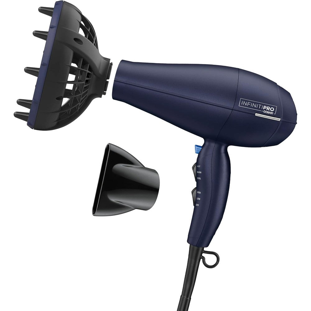 Conair InfinitiPRO Natural Texture Hair Dryer front view in dark blue finish showcasing the unique circulating diffuser attachment