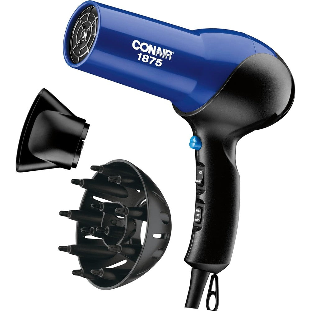 Conair 1875 Watt Turbo Hair Dryer front view in blue and black color