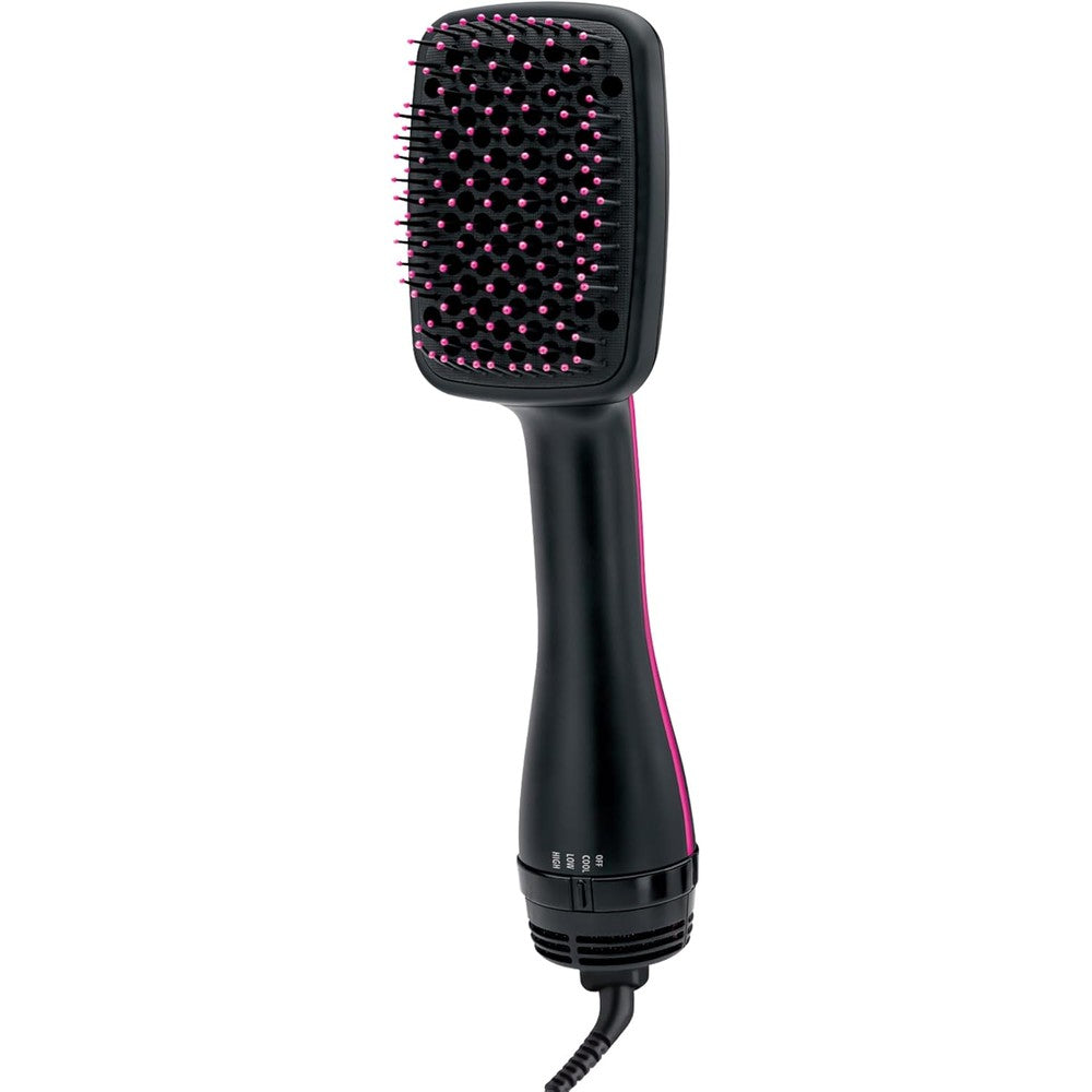 Revlon One-Step Hair Dryer and Styler front view showing the large black paddle brush head and pink-tipped bristles.