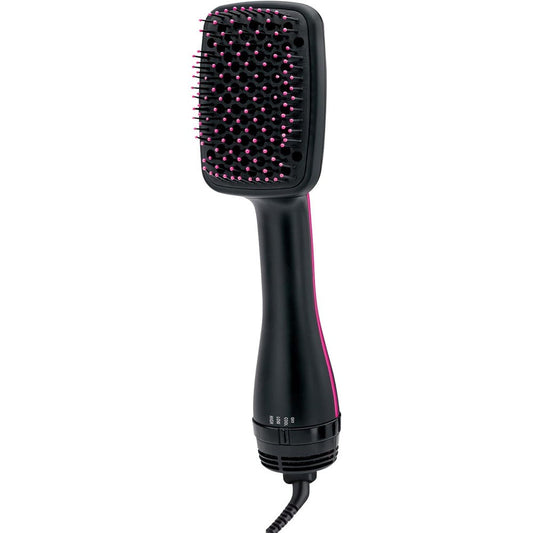 Revlon One-Step Hair Dryer and Styler front view showing the large black paddle brush head and pink-tipped bristles.