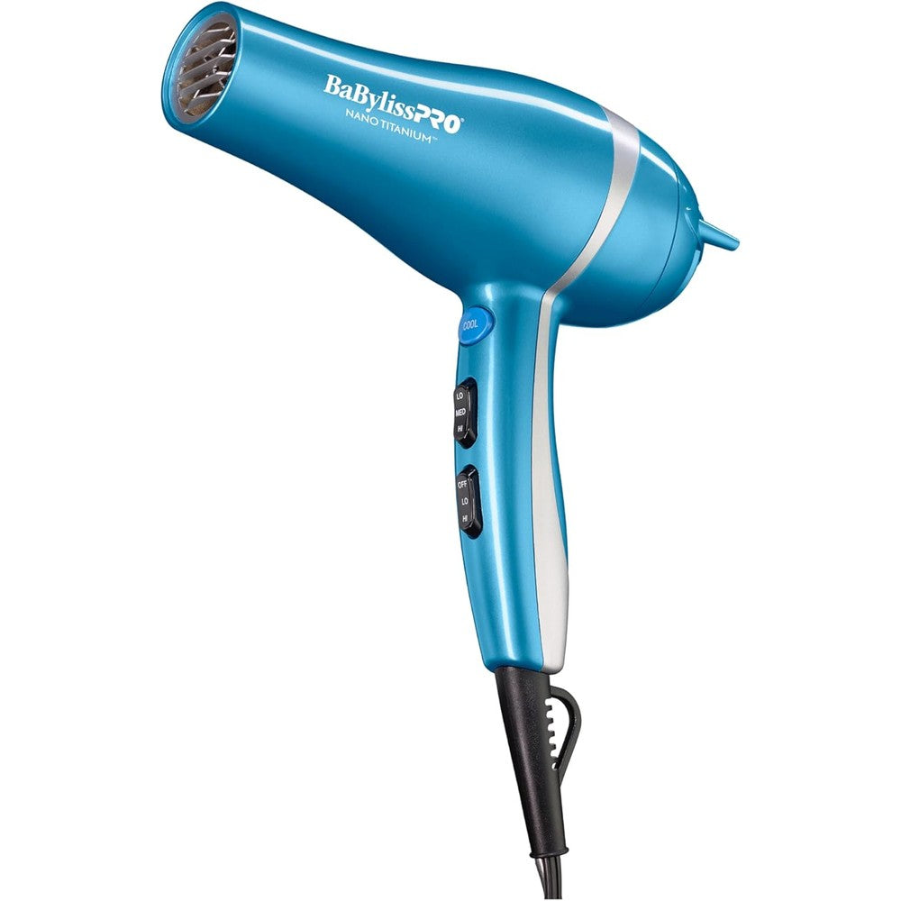 BaBylissPRO Nano Titanium 2000W Hair Dryer front view showing the signature blue finish