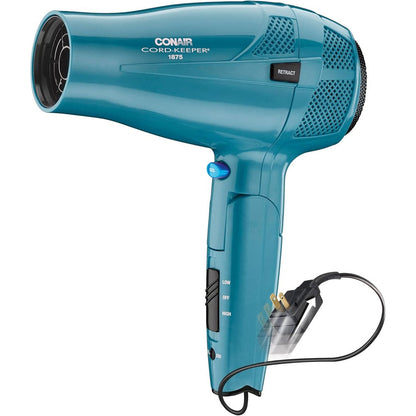 Conair Cord Keeper travel hair dryer front view in teal color showing compact folding handle design.