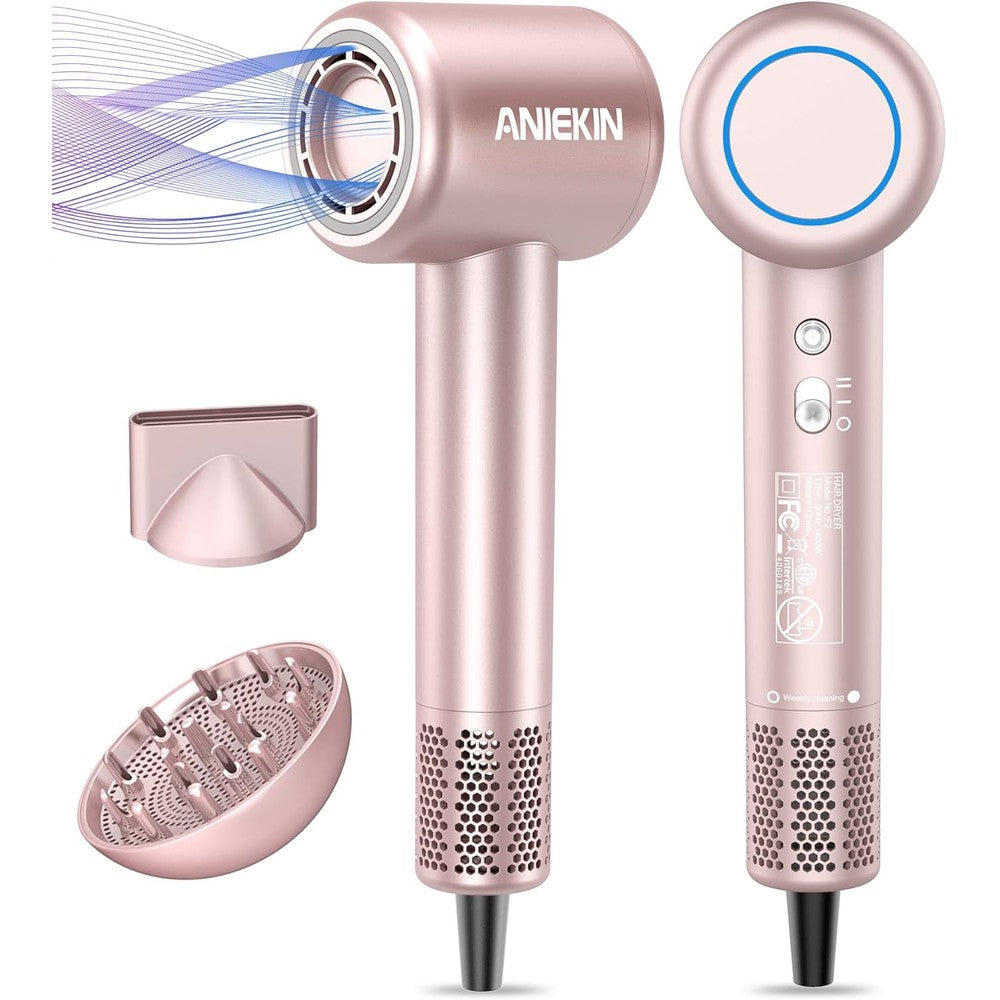 ANIEKIN High Speed Ionic Hair Dryer front view in baby pink finish with magnetic attachments.