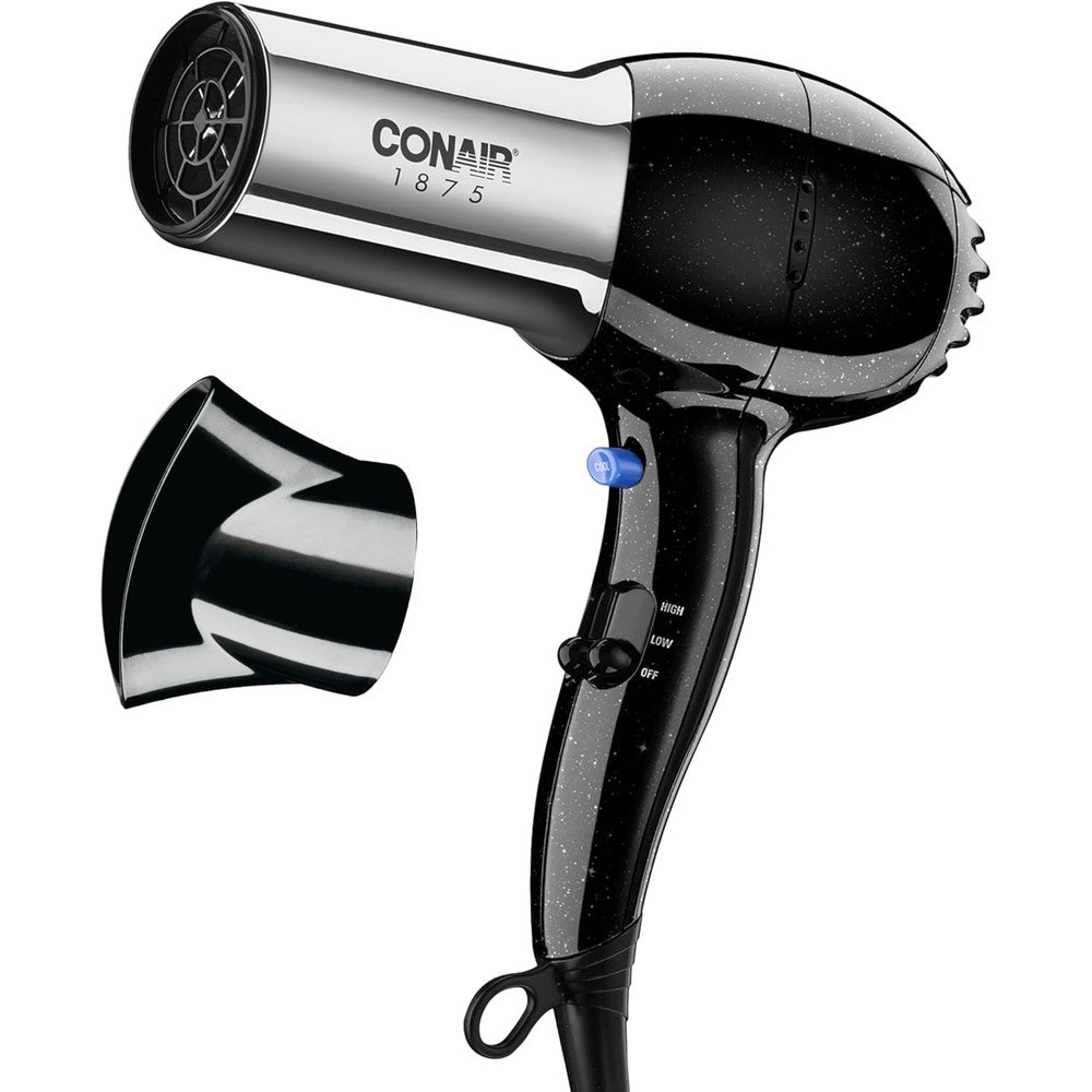 Conair 1875W Full Size Hair Dryer front view showing black and chrome finish