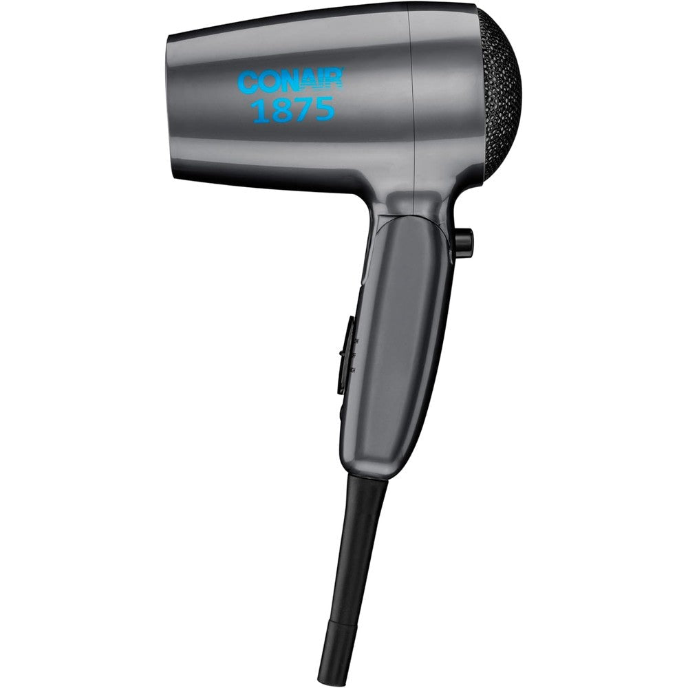 Conair travel hair dryer front view showing the compact gray body and nozzle