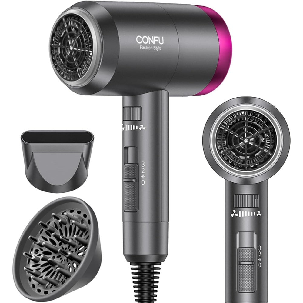 CONFU Ionic Blow Dryer 1600W front view with attached styling nozzle