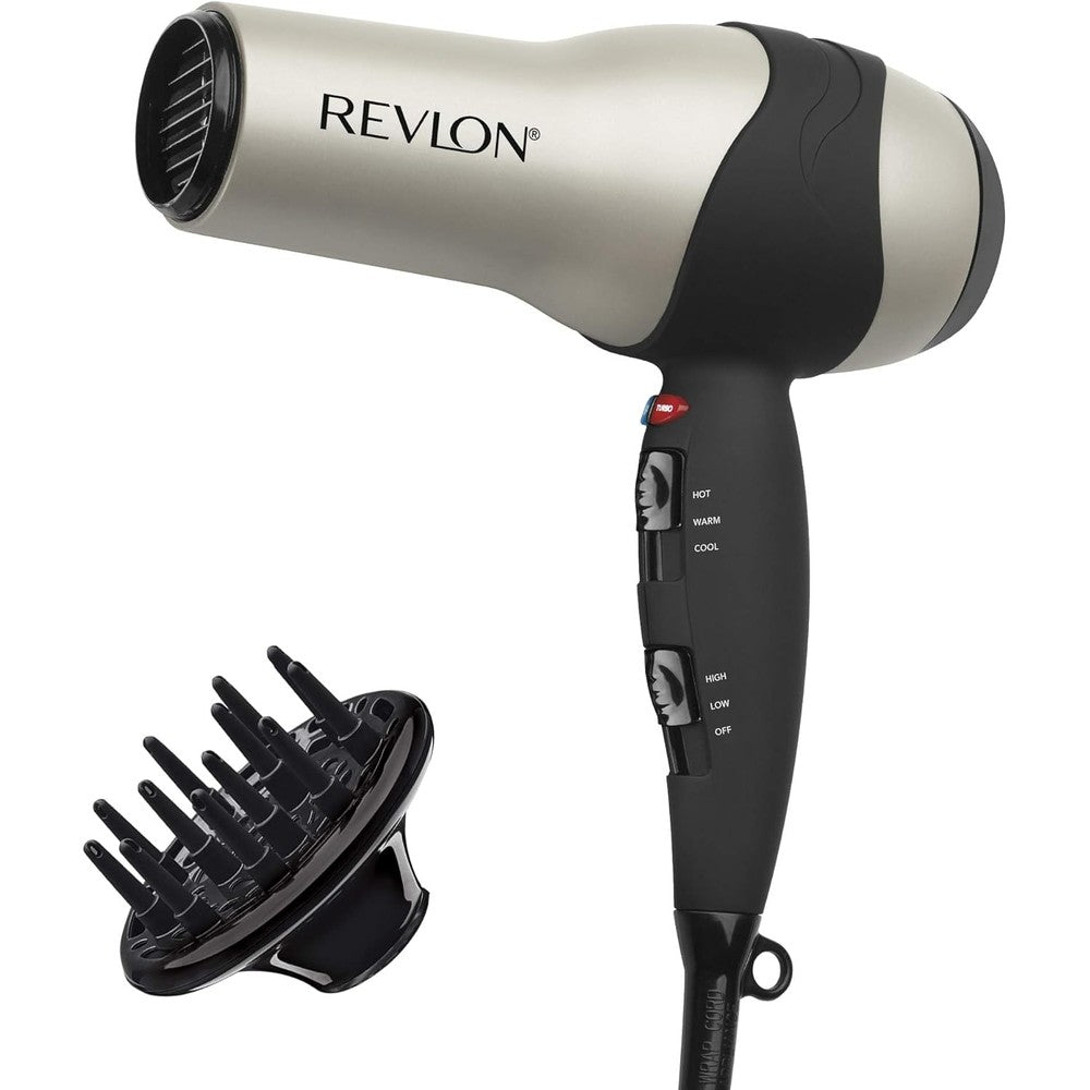 Revlon Turbo Hair Dryer front view showing silver ceramic finish and control buttons.