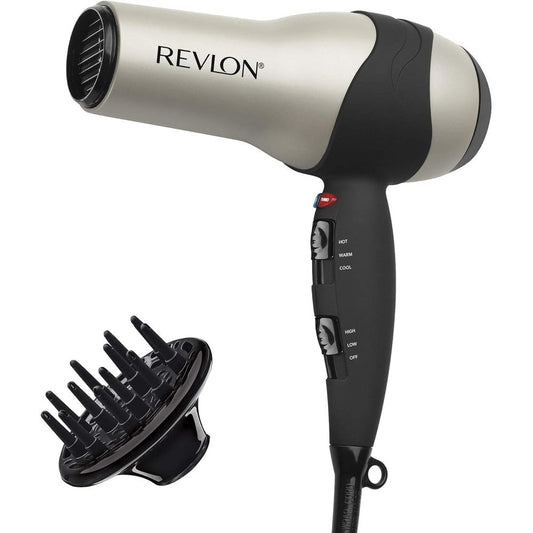 Revlon Turbo Hair Dryer front view showing silver ceramic finish and control buttons.