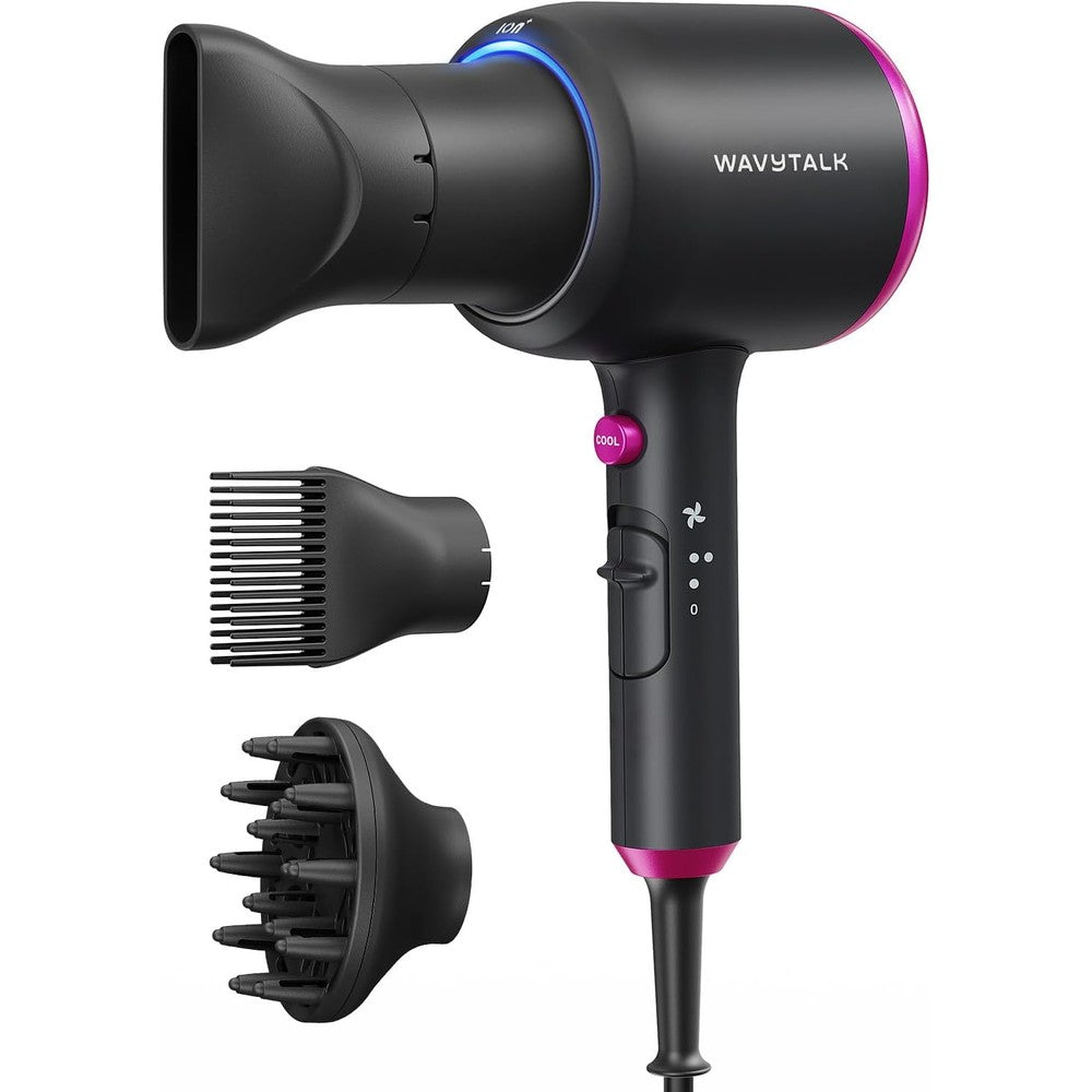 Wavytalk Blown Away ionic hair dryer black front view showcasing sleek body and premium pink accents