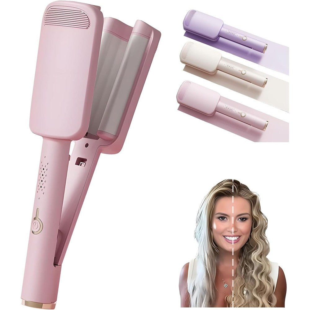 ATORSE hair waver crimper front view showing the pink triple barrels and digital temperature display