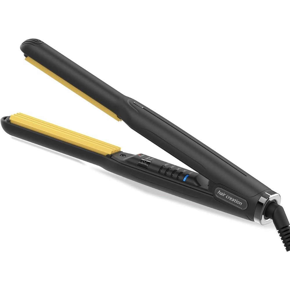Keragard ceramic hair crimper front view showcasing slim one half inch wide plates
