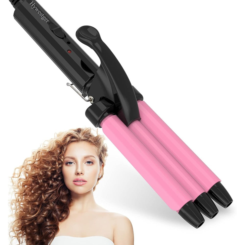 Jane Love Mini 3 Barrel Curling Iron front view displaying the pink ceramic tourmaline triple barrels.